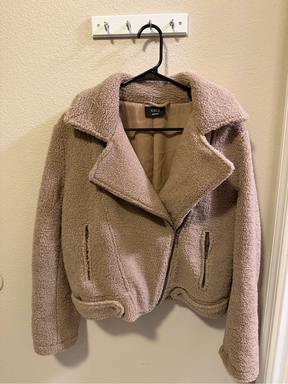 Vici Taupe Teddy Faux-Shearling Moto Jacket